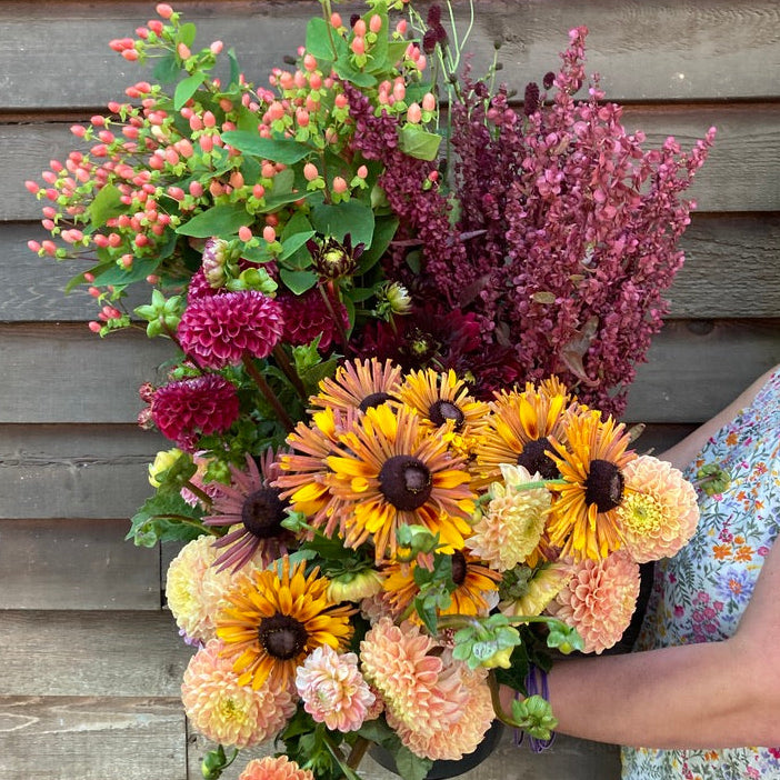 Bouquet of wildflowers held by a person against a wooden wall